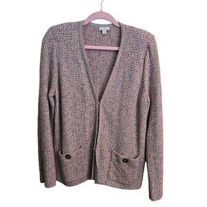 J. Jill Tweed Pink Gray Cotton Blend V Neck Cardigan Sweater Size S